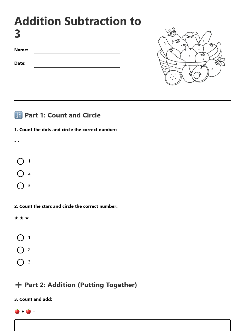 Addition Subtraction to 3 — Free Printable Worksheet for Mathematics ...