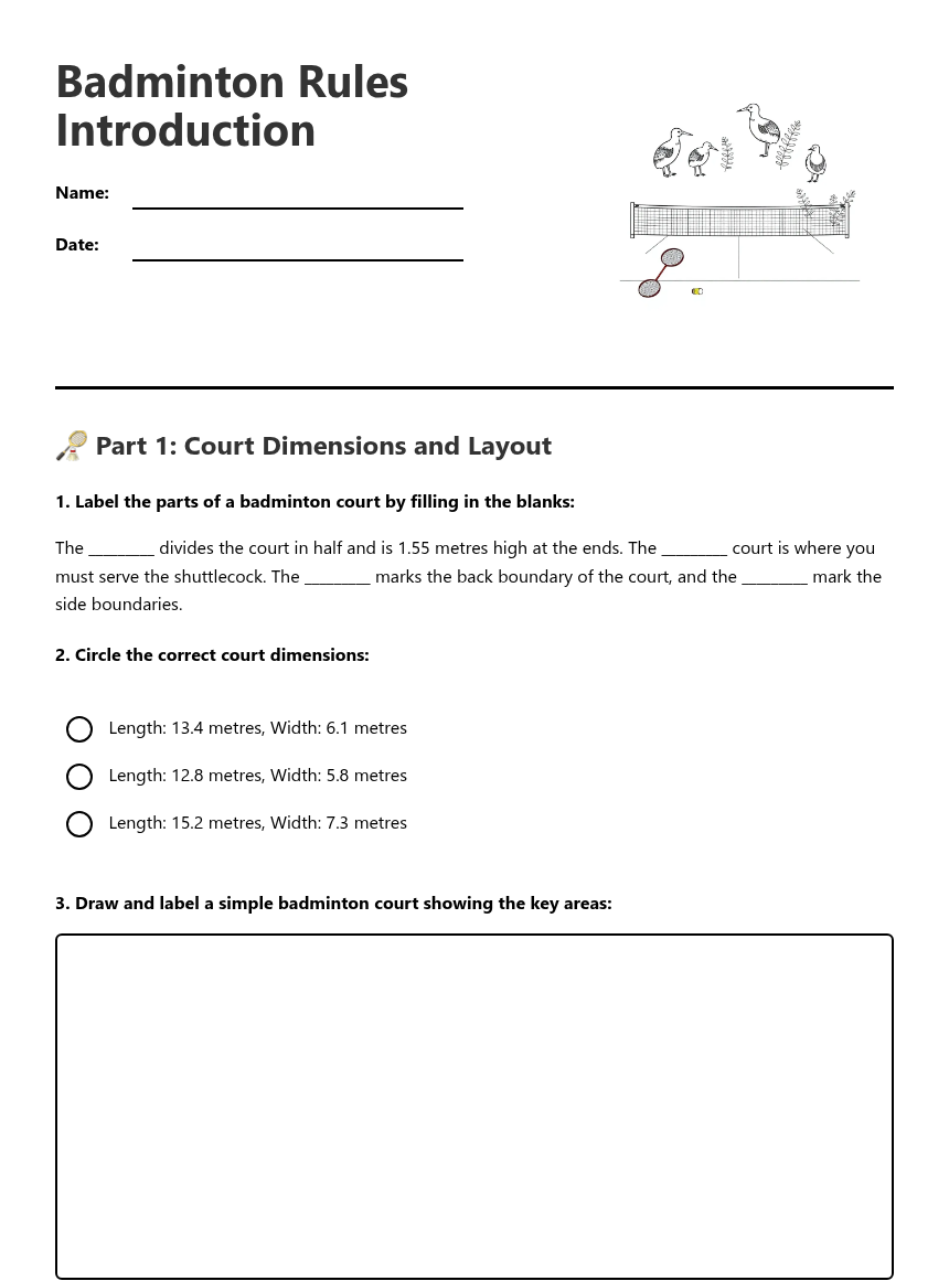 Badminton Rules Introduction — Free Printable Worksheet for PE | Kuraplan