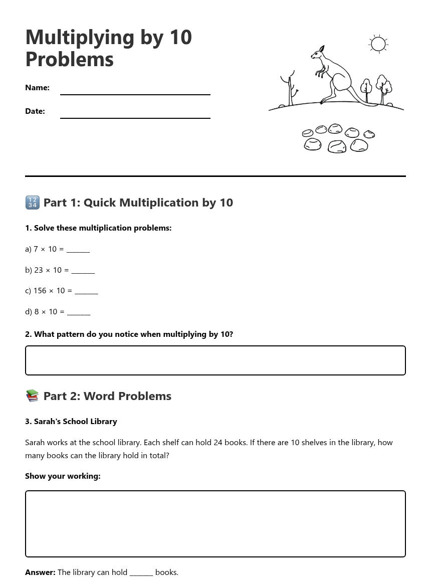 Multiplying by 10 Problems — Free Printable Worksheet | Kuraplan