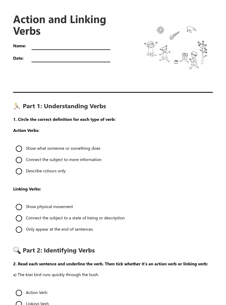 Action and Linking Verbs — Free Printable Worksheet for English | Kuraplan