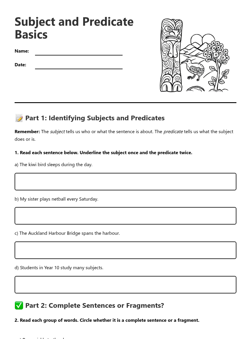 Subject and Predicate Basics — Free Printable Worksheet for English ...