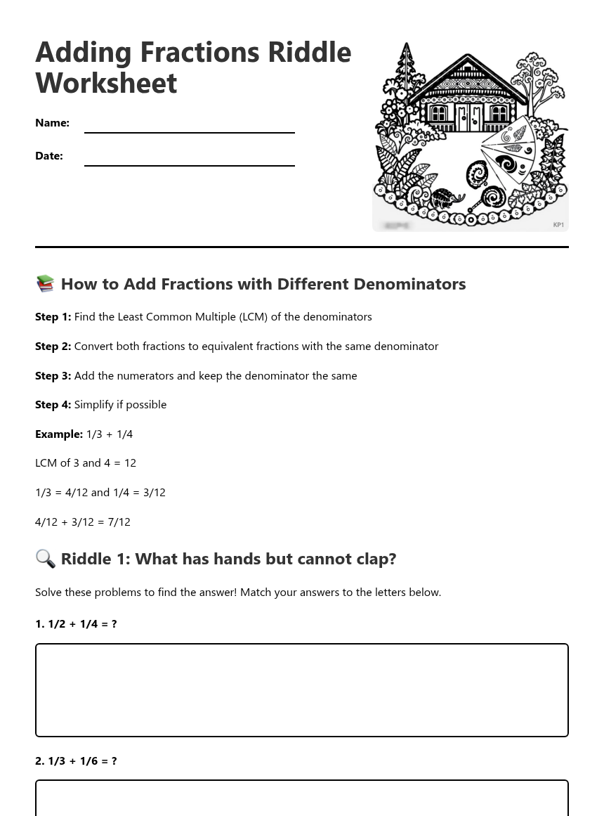 Adding Fractions Riddle Worksheet — Free Printable Worksheet for Maths ...