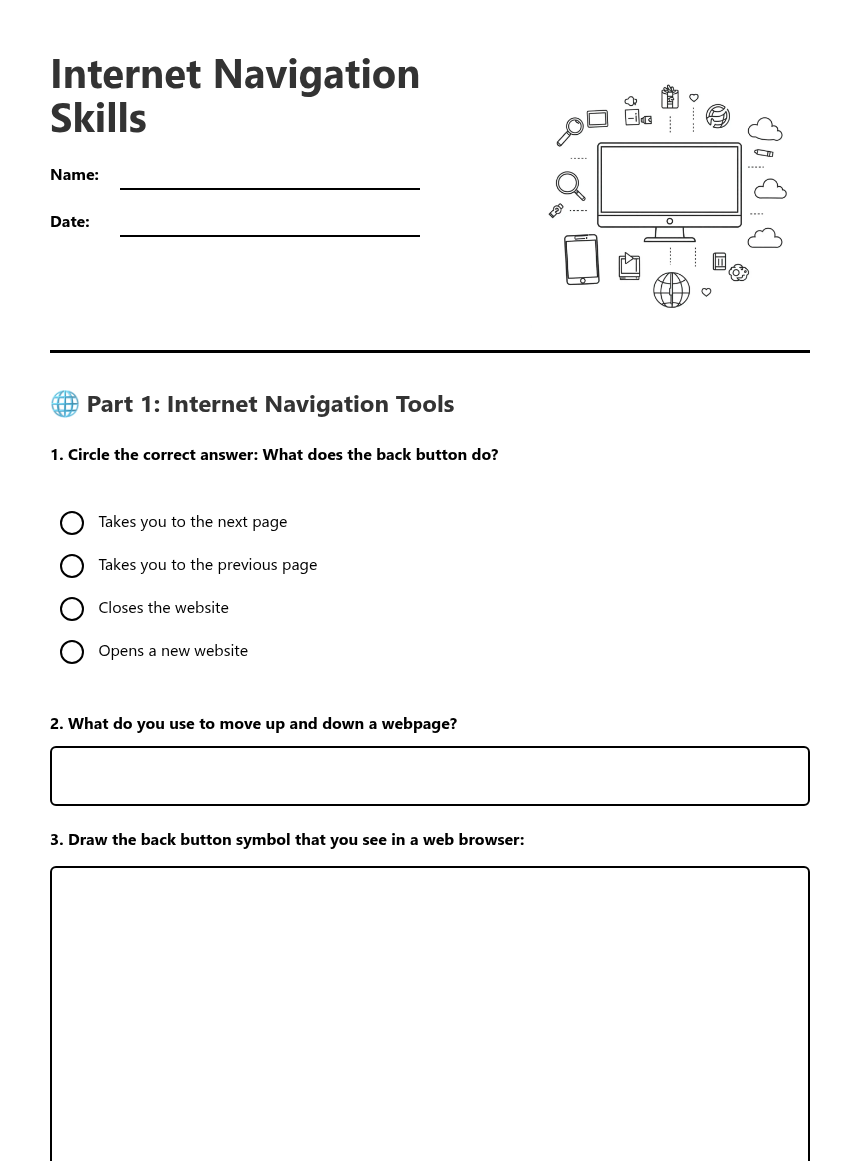 Internet Navigation Skills — Free Printable Worksheet for Technology ...
