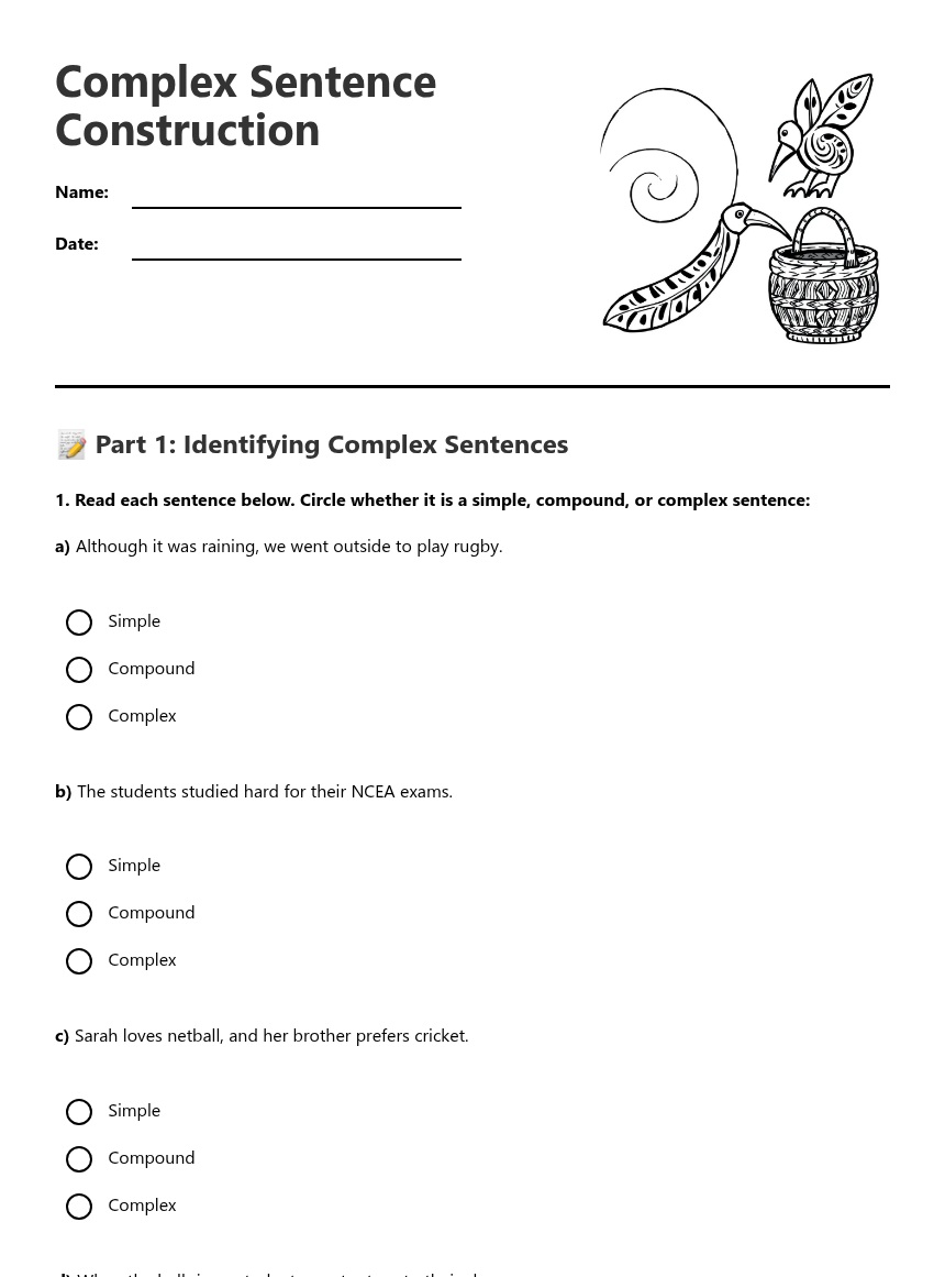 Complex Sentence Construction — Free Printable Worksheet for English ...
