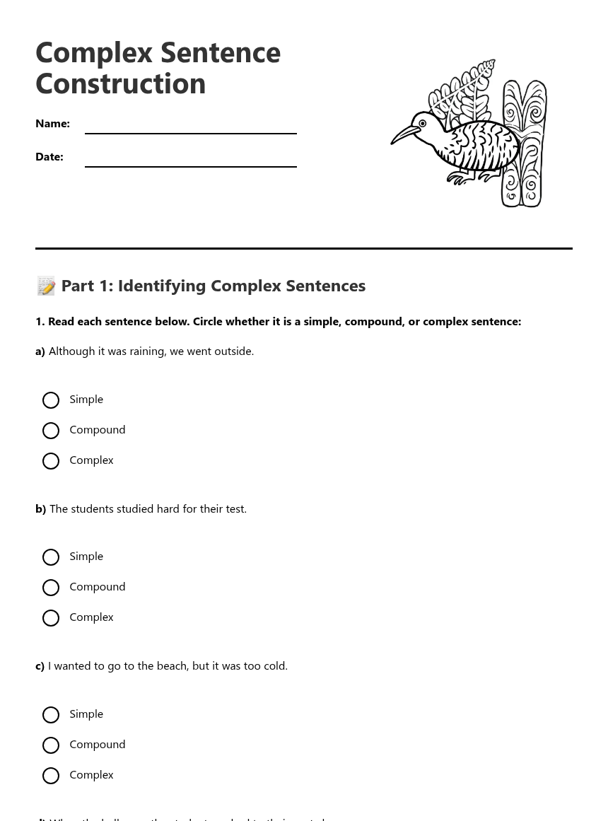 Complex Sentence Construction — Free Printable Worksheet for English ...