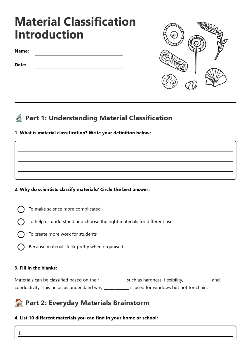 Material Classification Introduction — Free Printable Worksheet for ...
