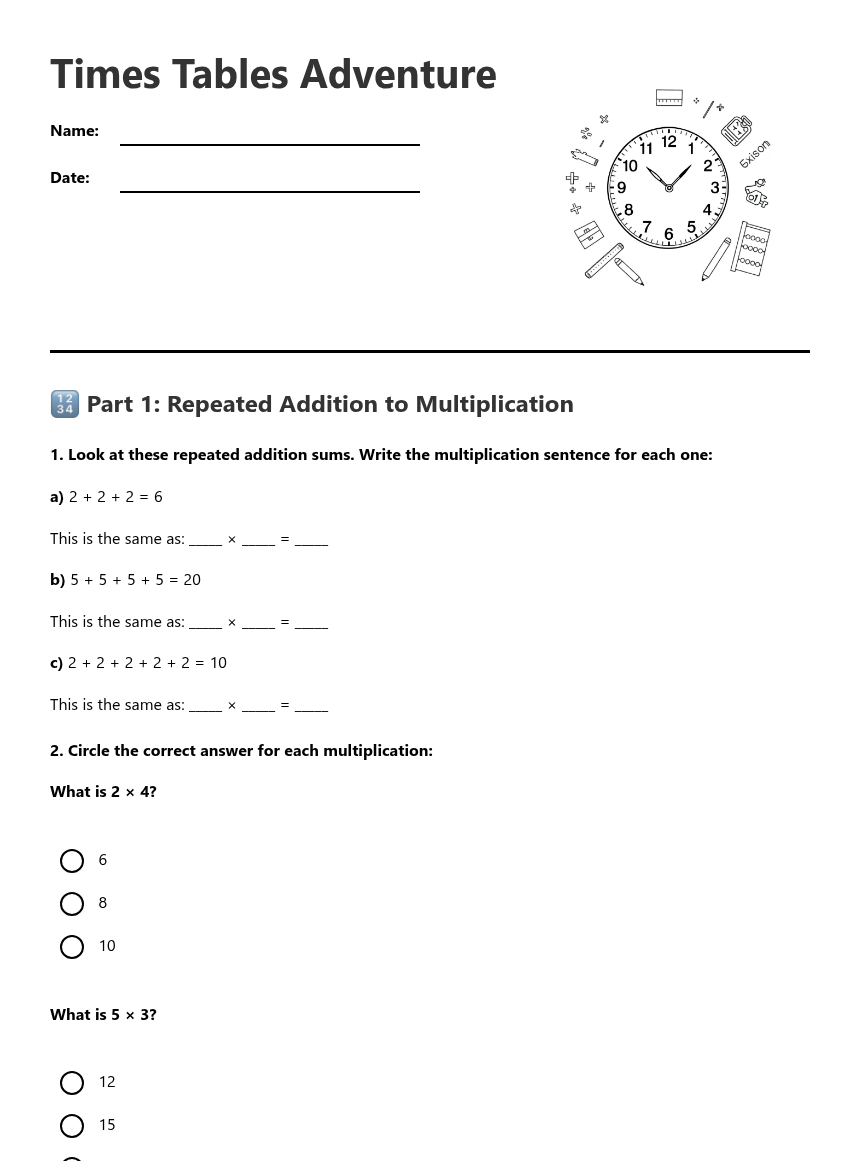 Times Tables Adventure — Free Printable Worksheet for Maths | Kuraplan
