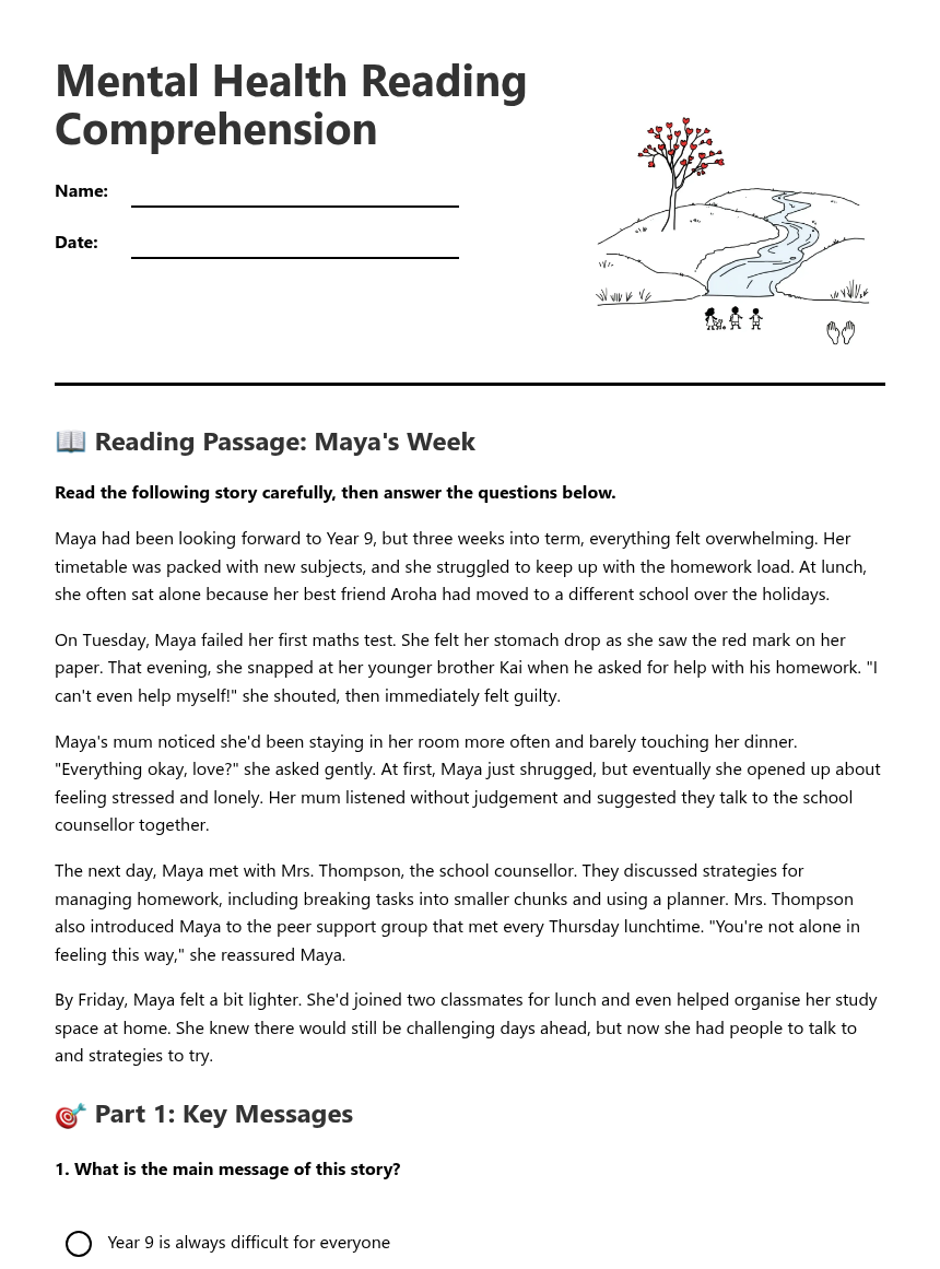 Mental Health Reading Comprehension — Free Printable Worksheet for ...