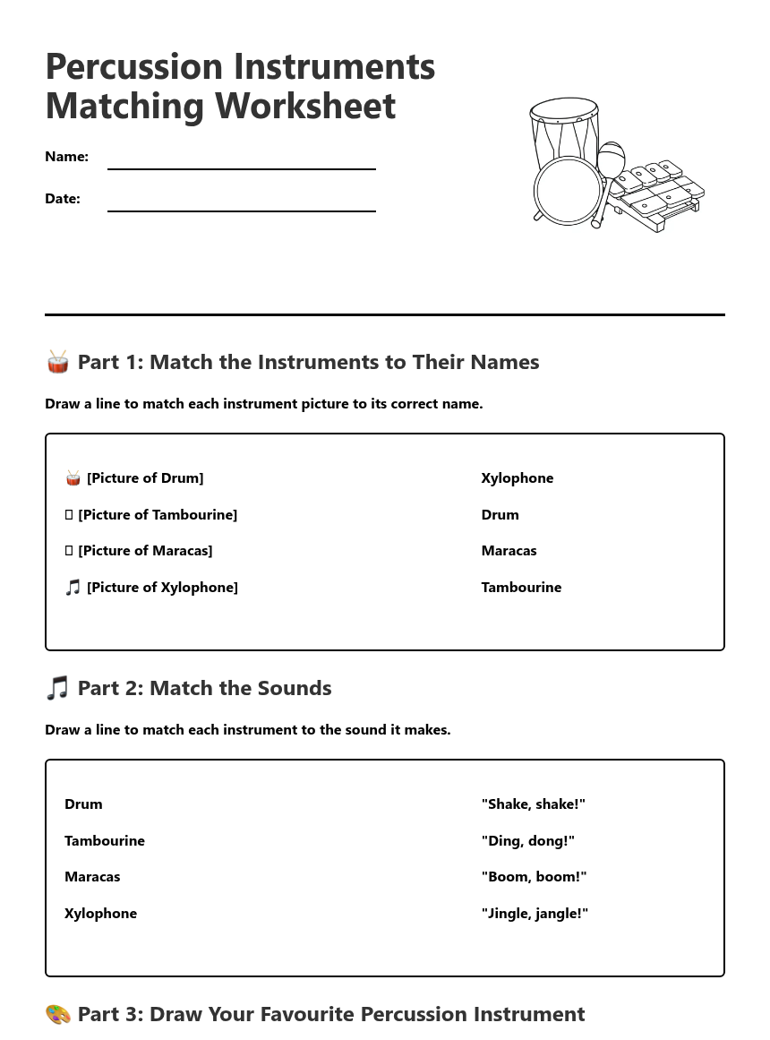 Percussion Instruments Matching Worksheet — Free Printable Worksheet ...