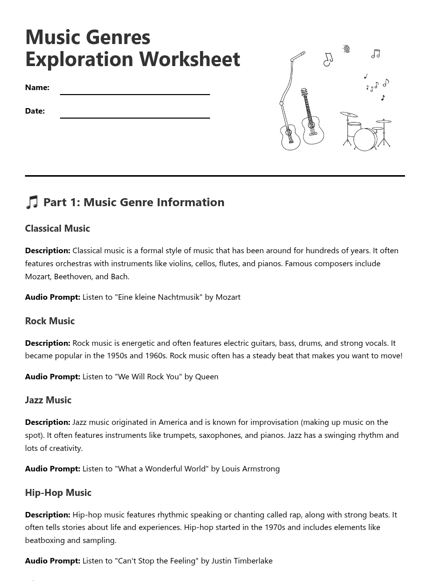 Music Genres Exploration Worksheet — Free Printable Worksheet for Music ...