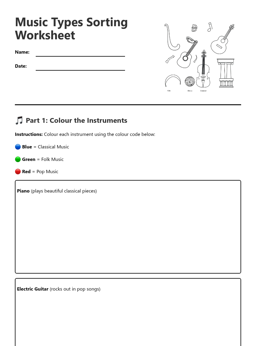 Music Types Sorting Worksheet — Free Printable Worksheet for Music ...