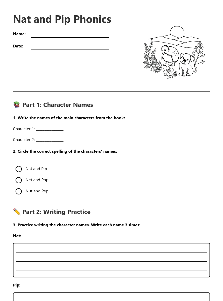 Nat and Pip Phonics — Free Printable Worksheet for English | Kuraplan