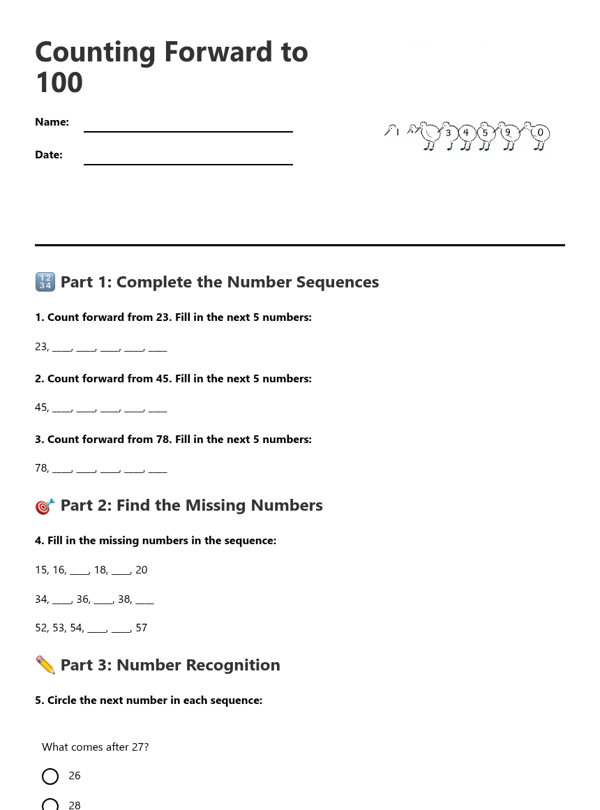 Counting Forward to 100 — Free Printable Worksheet for Maths | Kuraplan