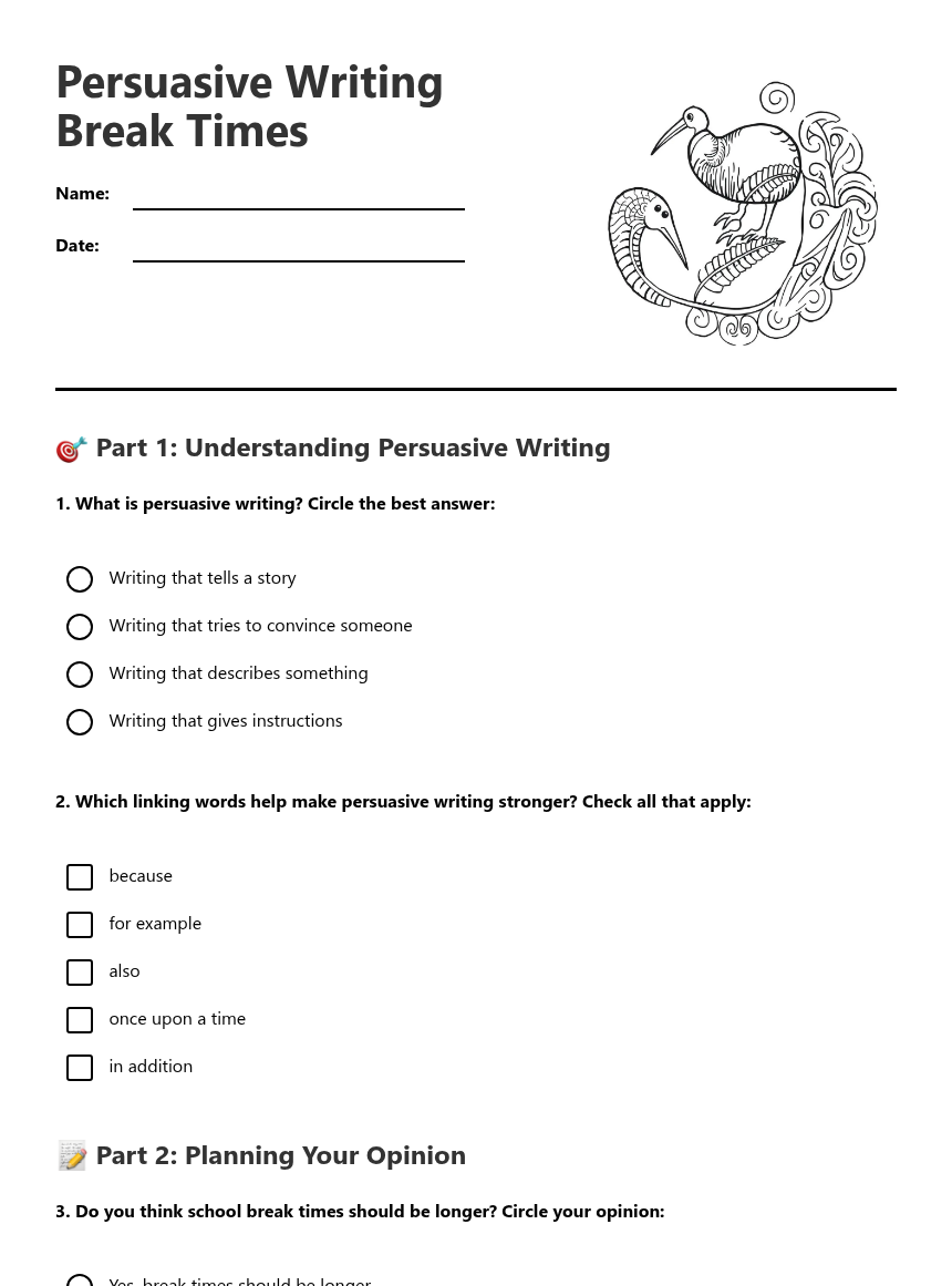 Persuasive Writing Break Times — Free Printable Worksheet for English ...