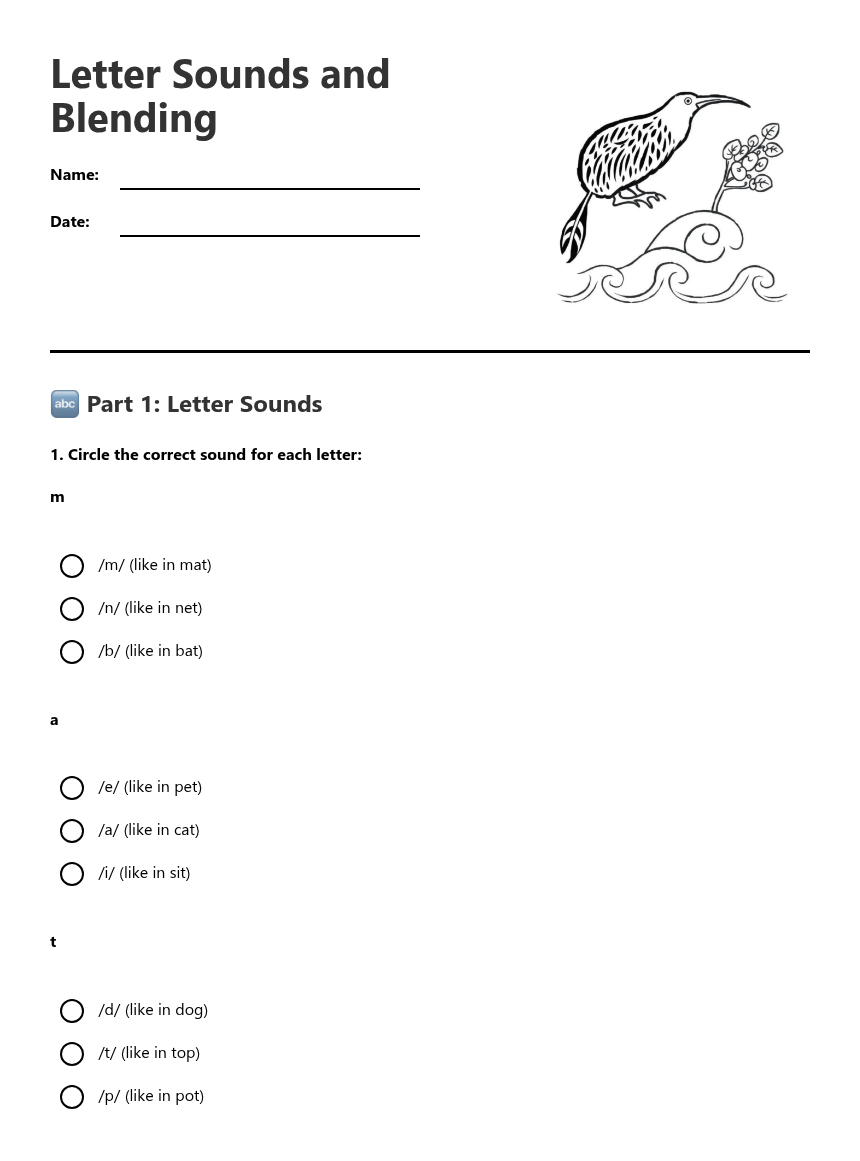 Letter Sounds and Blending — Free Printable Worksheet | Kuraplan