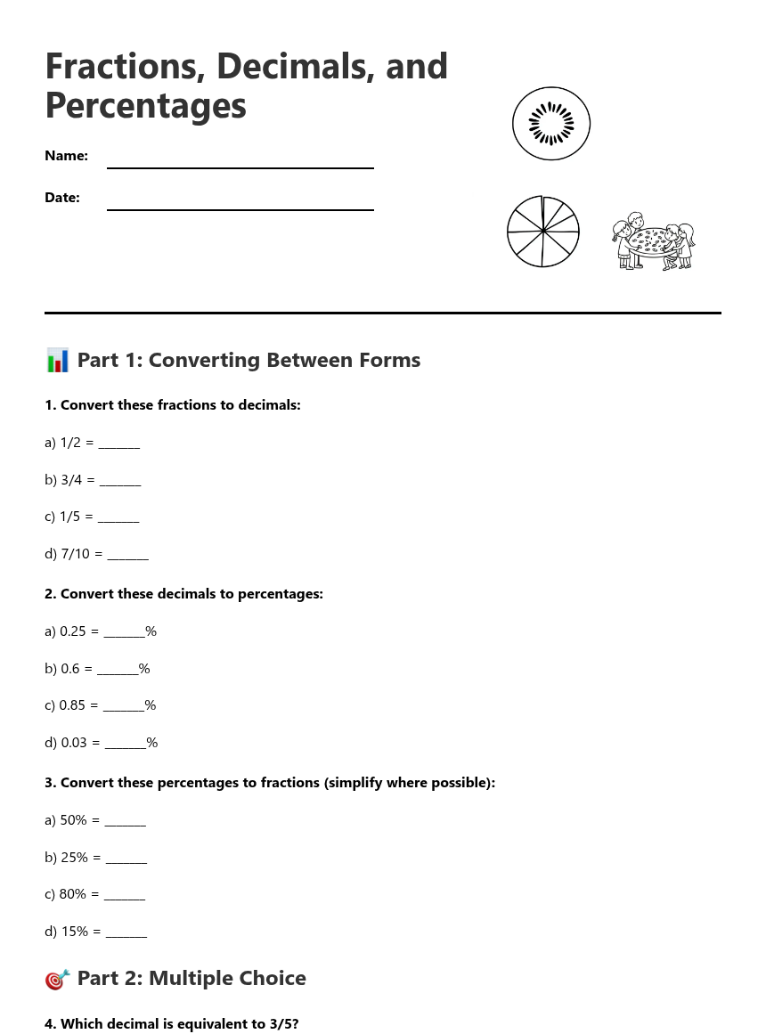 Fractions, Decimals, and Percentages — Free Printable Worksheet for ...