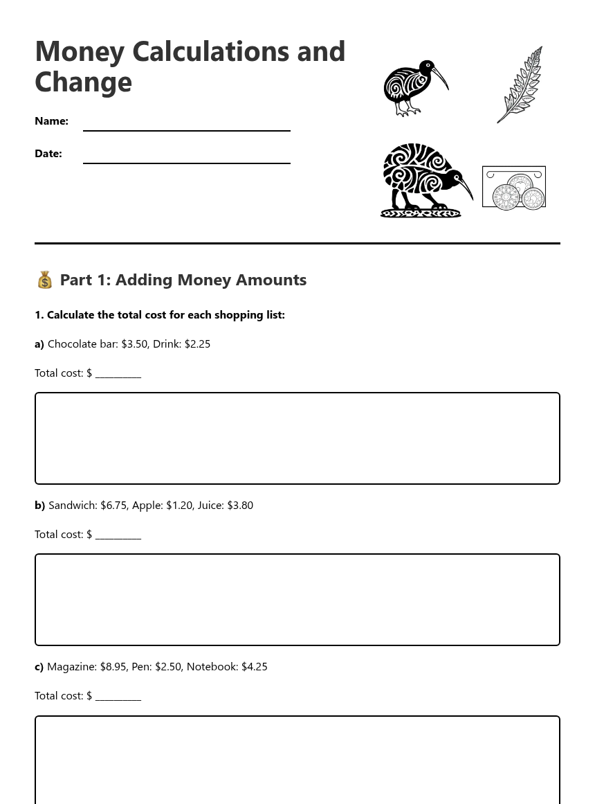 Money Calculations and Change — Free Printable Worksheet for Maths ...