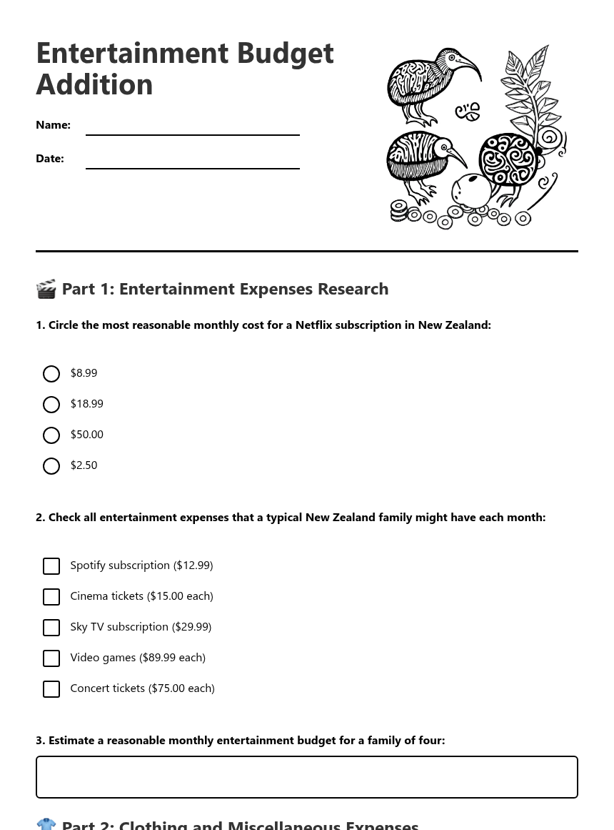 Entertainment Budget Addition — Free Printable Worksheet for Maths ...