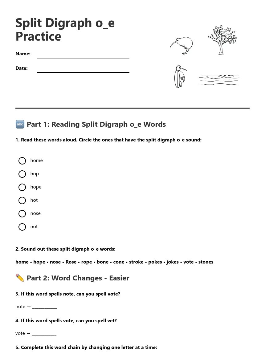 Split Digraph o_e Practice — Free Printable Worksheet for English ...