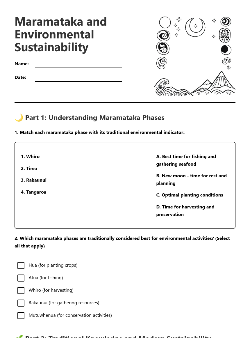 Maramataka and Environmental Sustainability — Free Printable Worksheet ...