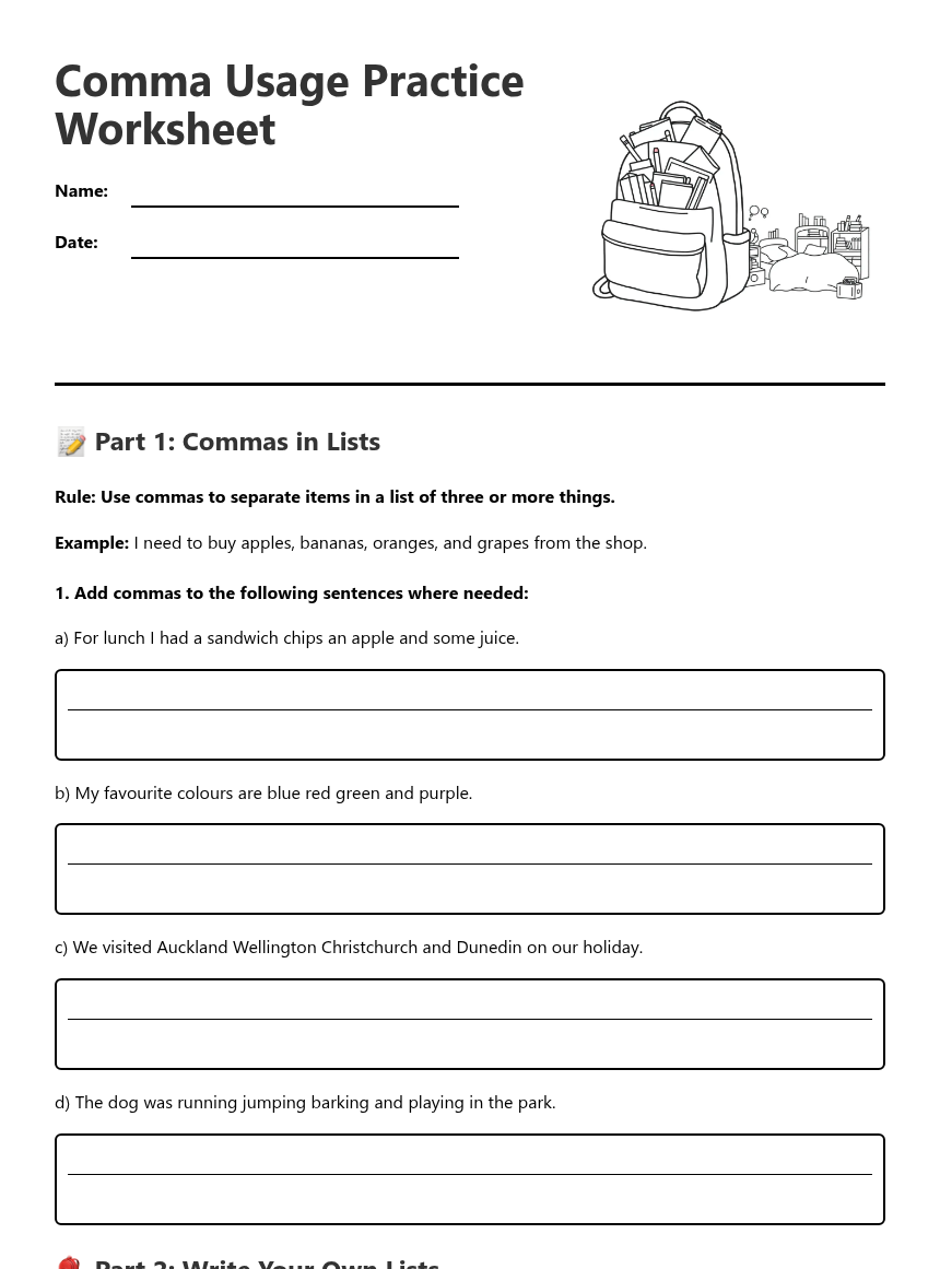 Commas Activity Comma Usage Practice Worksheet — Free Printable Worksheet for English ...