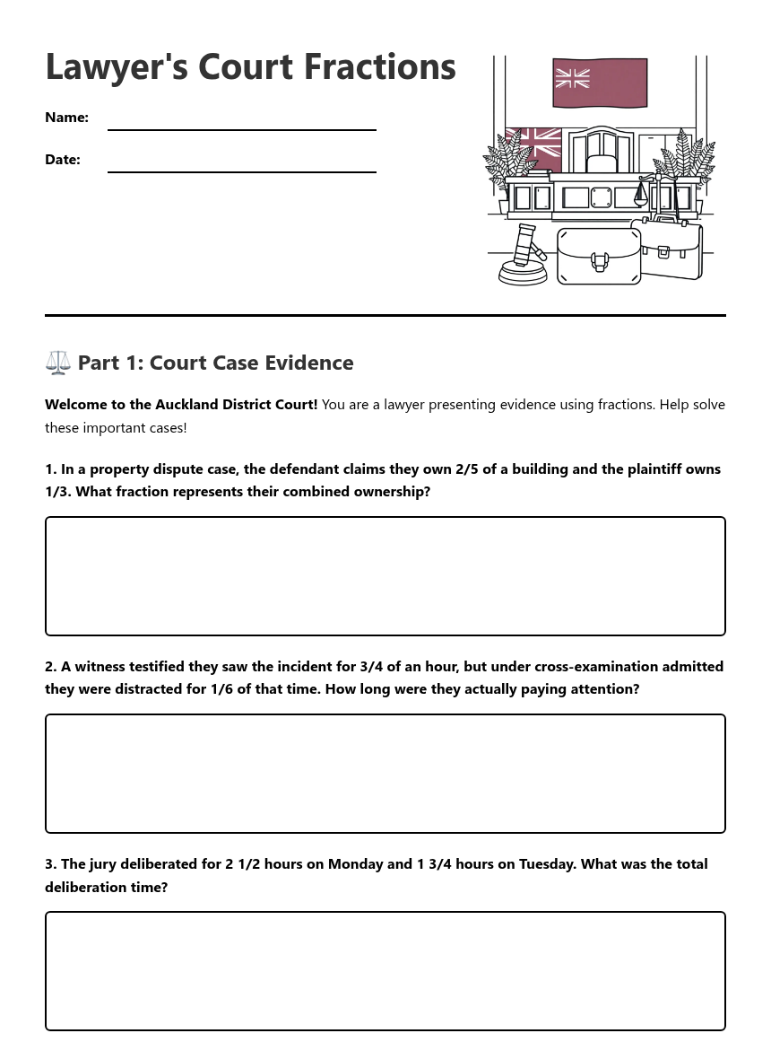 Lawyer's Court Fractions — Free Printable Worksheet for Maths | Kuraplan