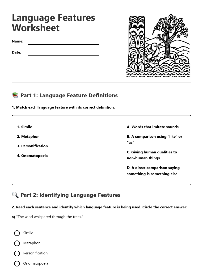 Language Features Worksheet — Free Printable Worksheet for English ...