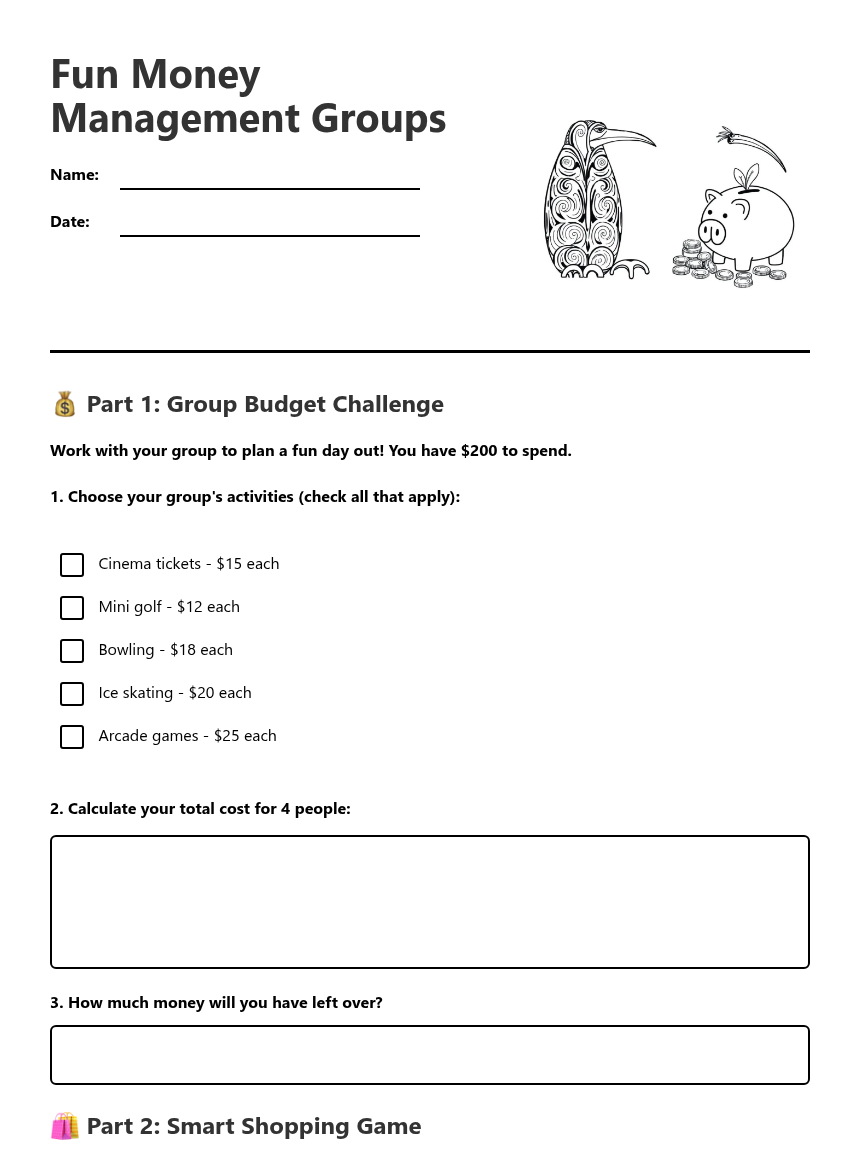 Money Management Exercise Fun Money Management Groups — Free Printable Worksheet for Maths | Kuraplan