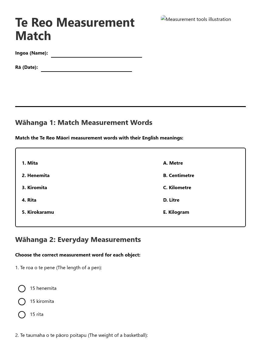 Te Reo Measurement Match — Free Printable Worksheet for Maths | Kuraplan