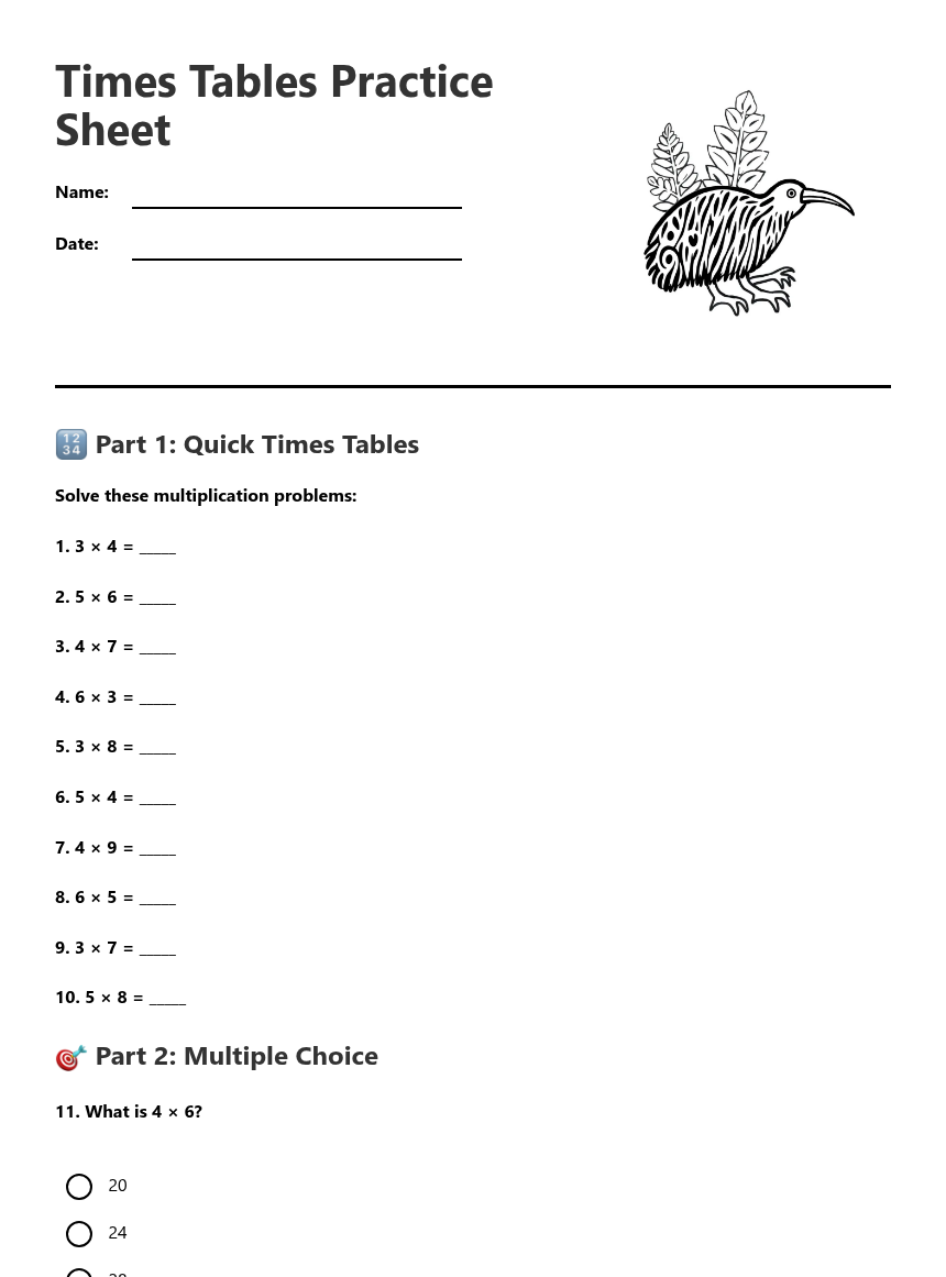 Times Tables Practice Sheet — Free Printable Worksheet for Maths | Kuraplan