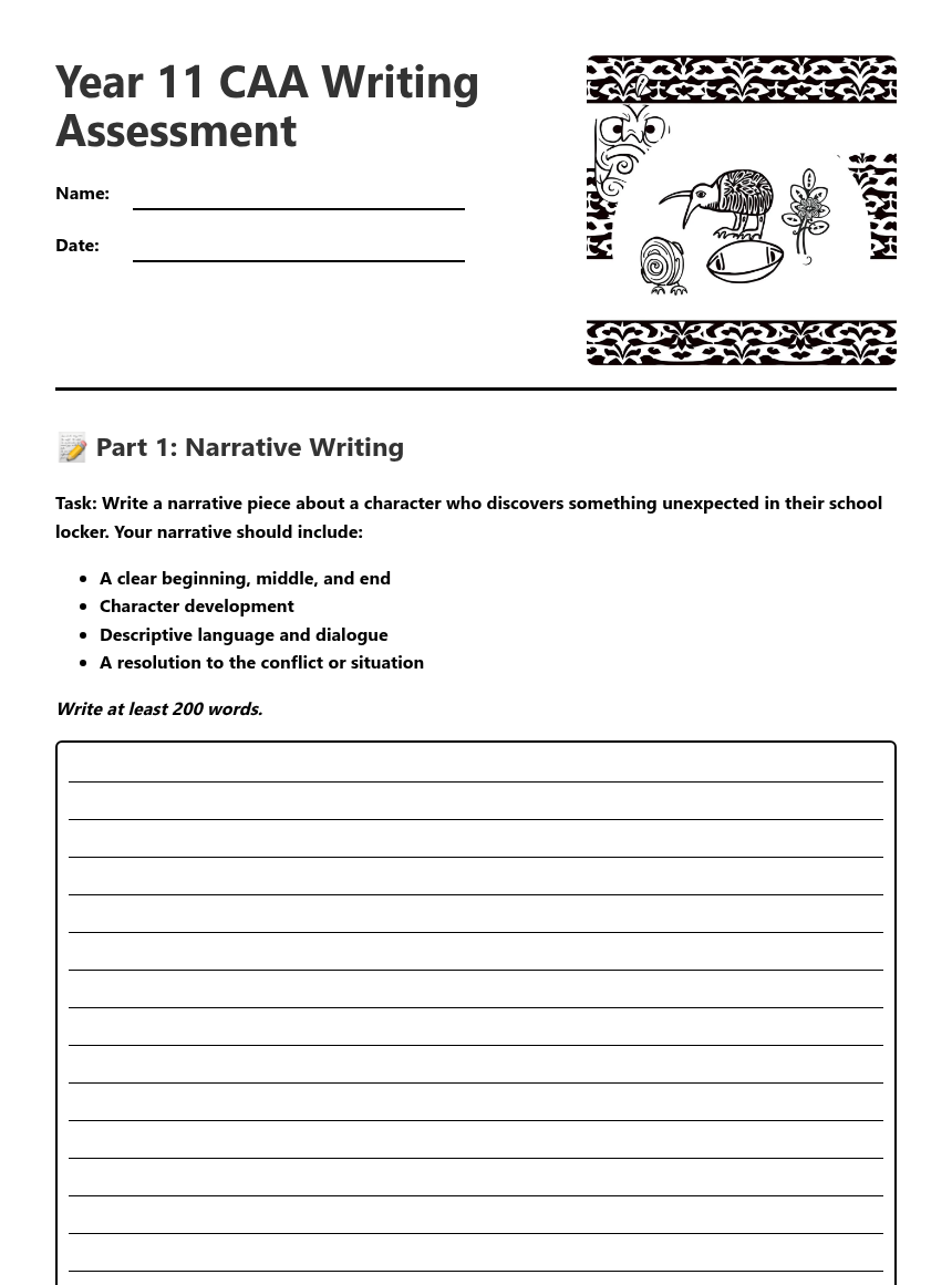 Example Caa Sora Assessment.pdf Year 11 CAA Writing Assessment — Free Printable Worksheet for English ...