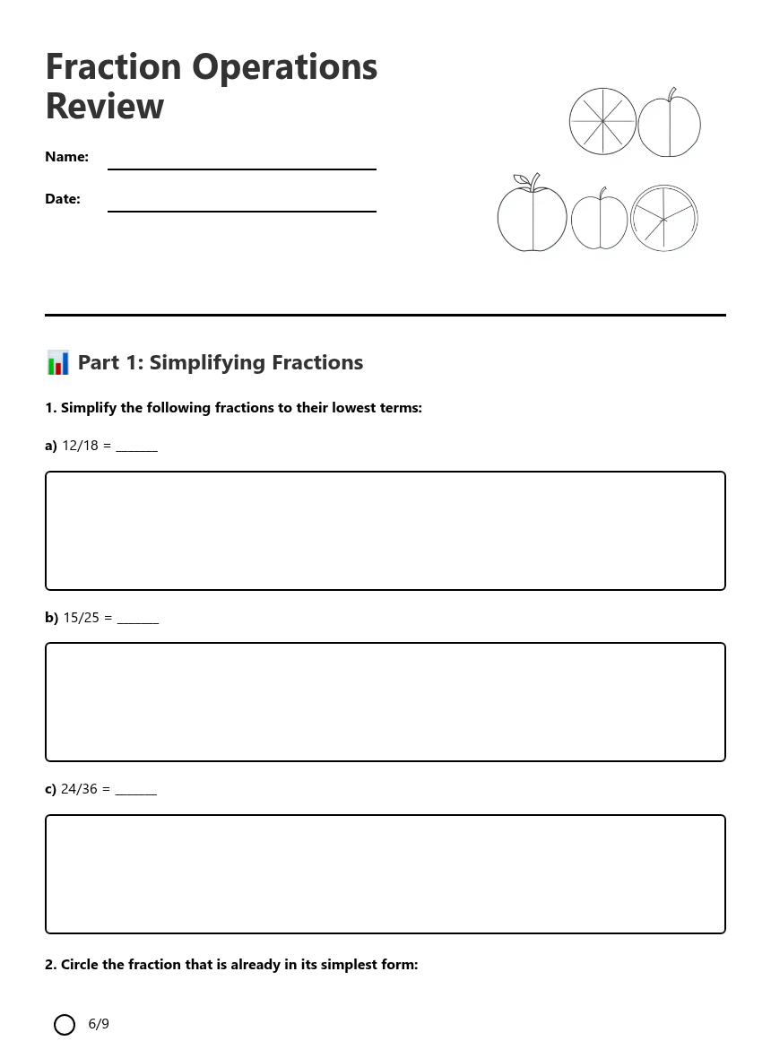 Fraction Operations Review — Free Printable Worksheet for Mathematics ...