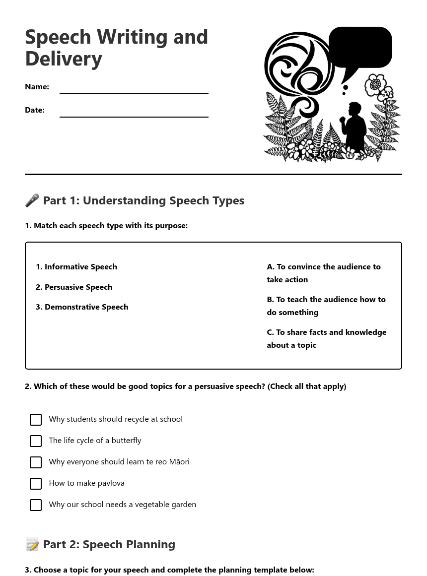 Speech Writing and Delivery — Free Printable Worksheet for English