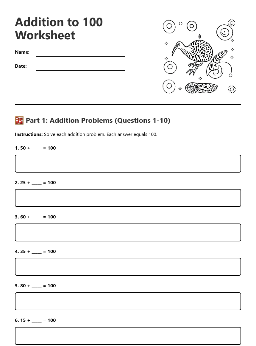 Addition to 100 Worksheet — Free Printable Worksheet for Maths | Kuraplan