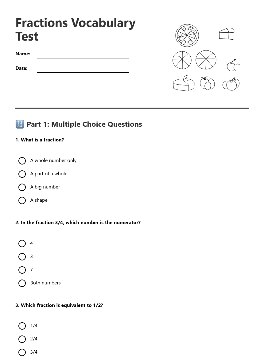 Fractions Vocabulary Test — Free Printable Worksheet for Maths | Kuraplan