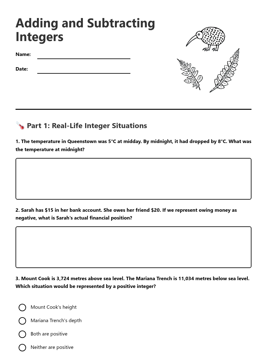 Adding Subtracting Integers — Free Printable Worksheet for Maths | Kuraplan