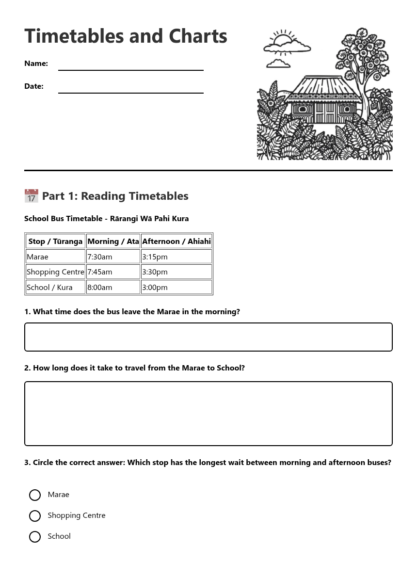 Timetables and Charts — Free Printable Worksheet for Maths | Kuraplan