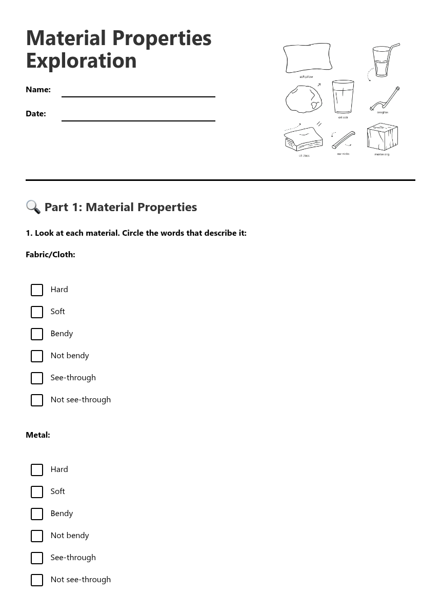 Material Properties Exploration — Free Printable Worksheet for Science ...