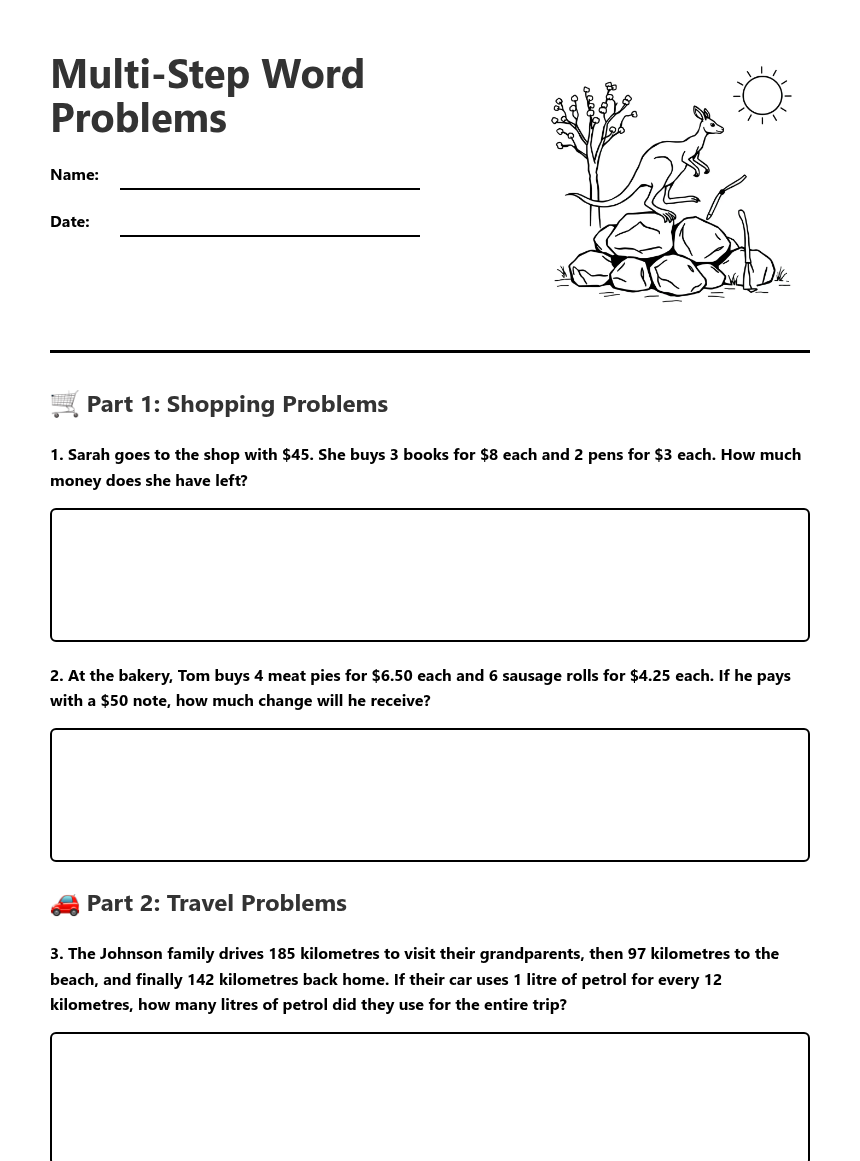Multi-Step Word Problems — Free Printable Worksheet for Mathematics ...