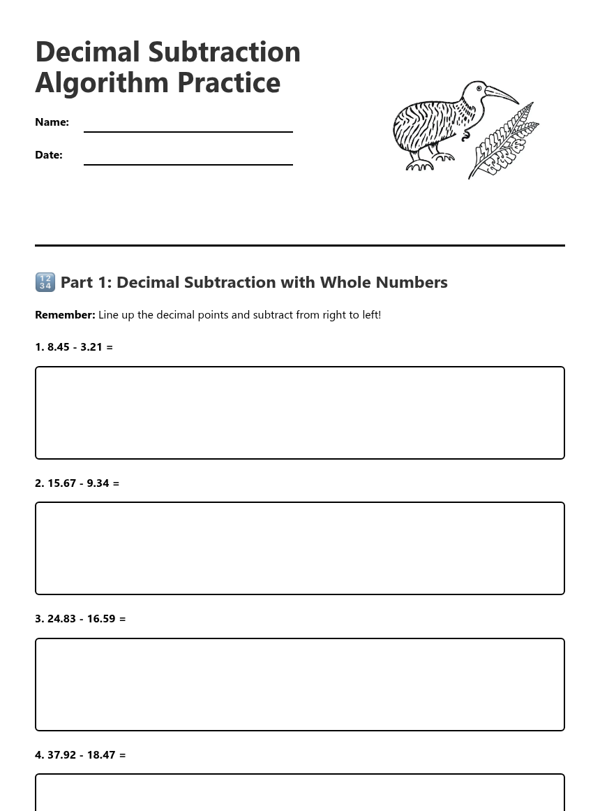 Decimal Subtraction Algorithm Practice — Free Printable Worksheet for ...