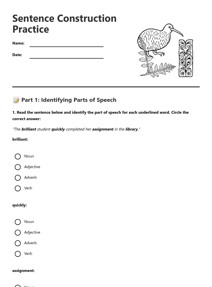 Sentence Construction Practice — Free Printable Worksheet for English ...