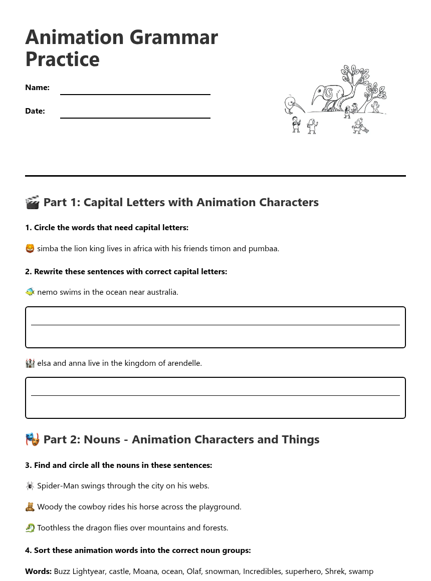 Animation Grammar Practice — Free Printable Worksheet for English ...