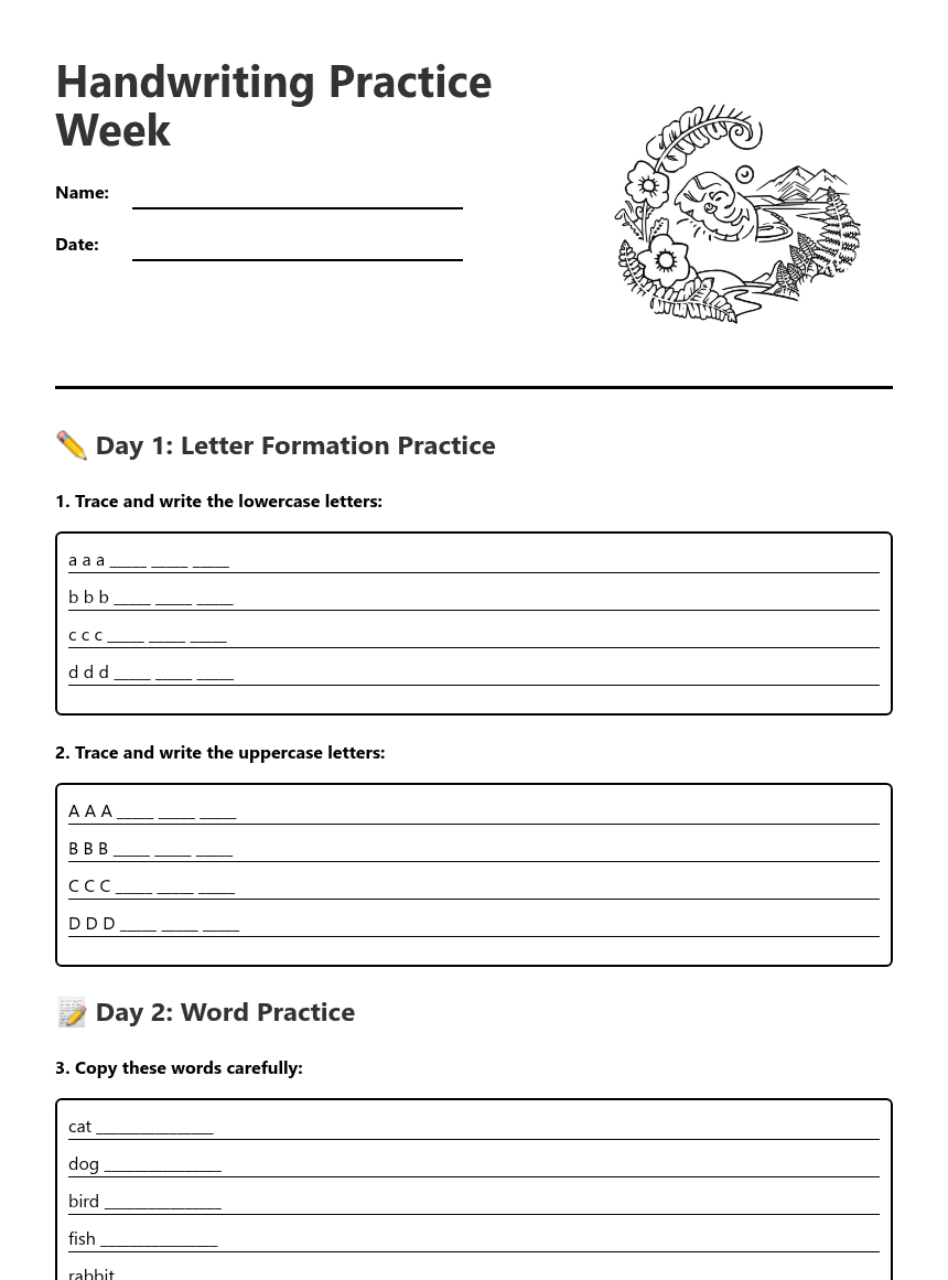 Handwriting Practice Week — Free Printable Worksheet for English | Kuraplan