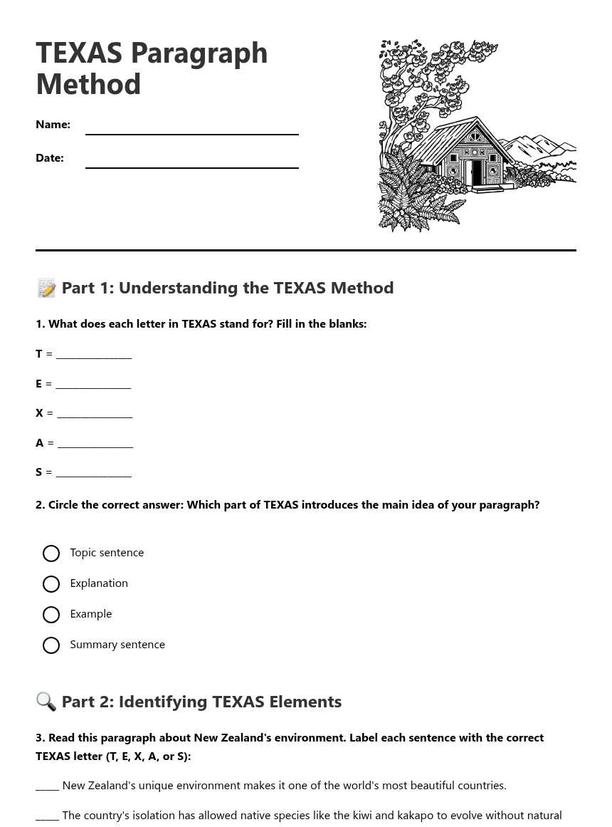 Texas Model Writing TEXAS Paragraph Method — Free Printable Worksheet for English | Kuraplan