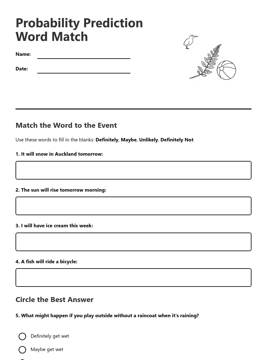 Probability Prediction Word Match — Free Printable Worksheet for Maths ...