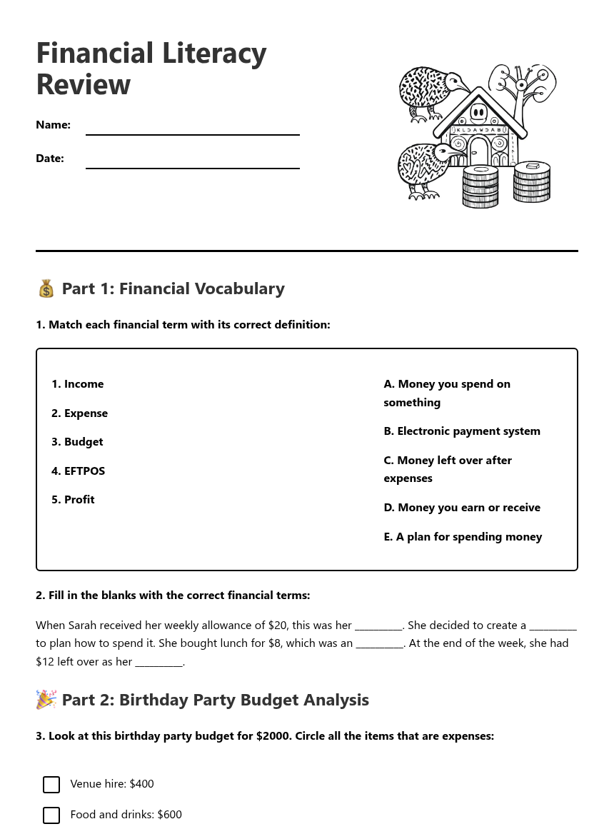 Financial Literacy Review — Free Printable Worksheet for Maths | Kuraplan