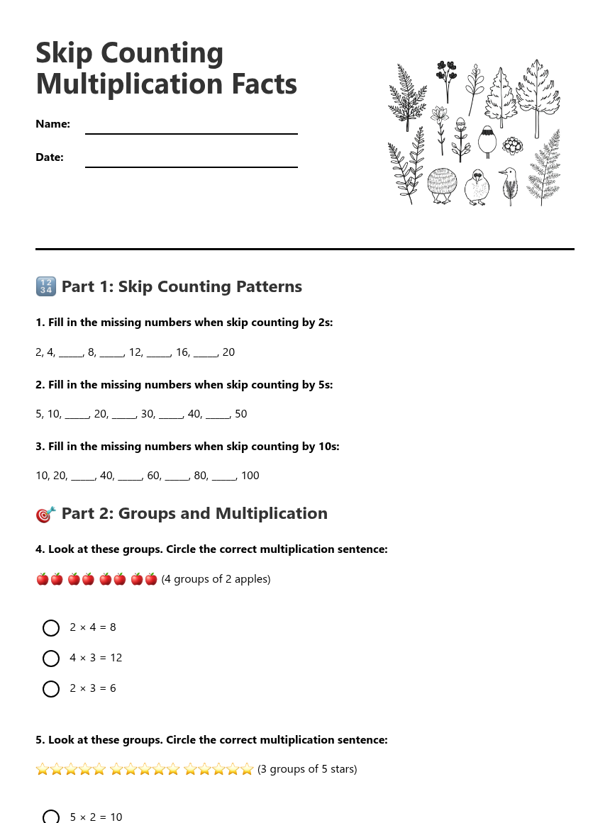 Skip Counting Multiplication Facts — Free Printable Worksheet for Maths ...