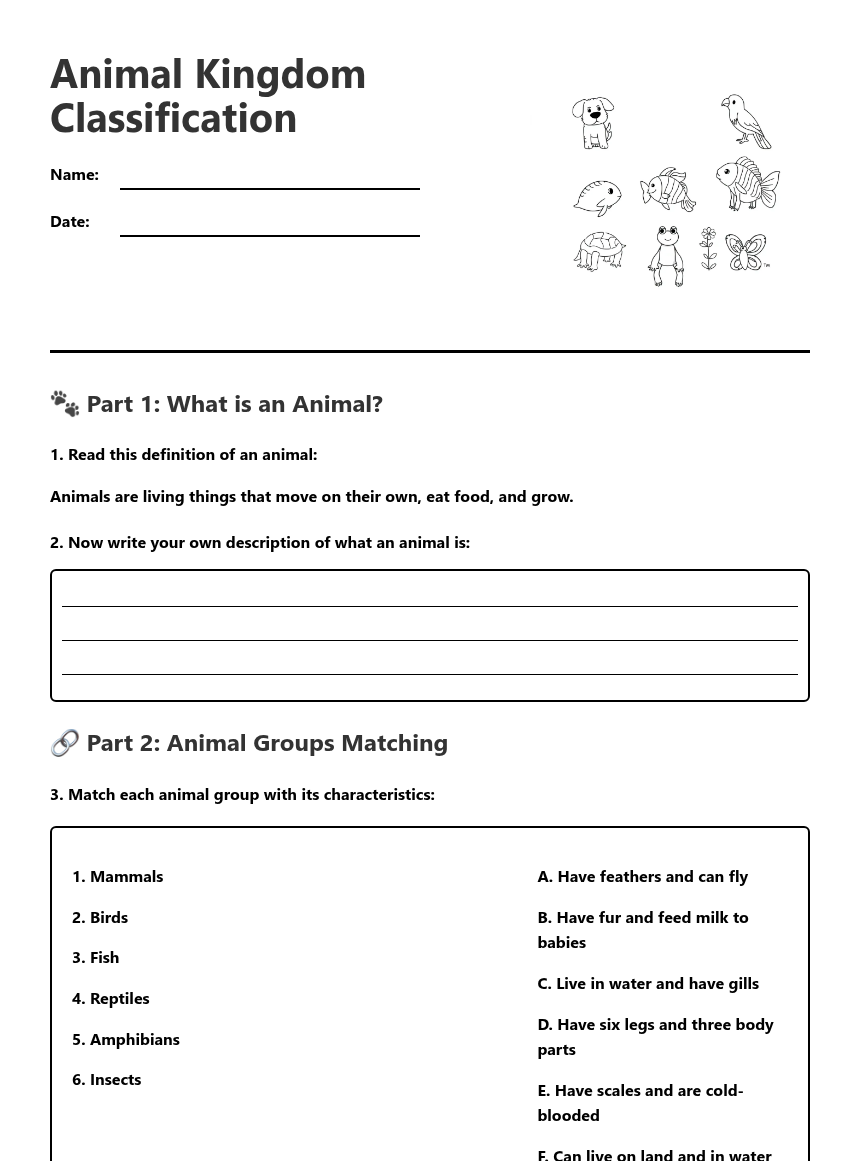 Animal Kingdom Classification — Free Printable Worksheet for Science ...