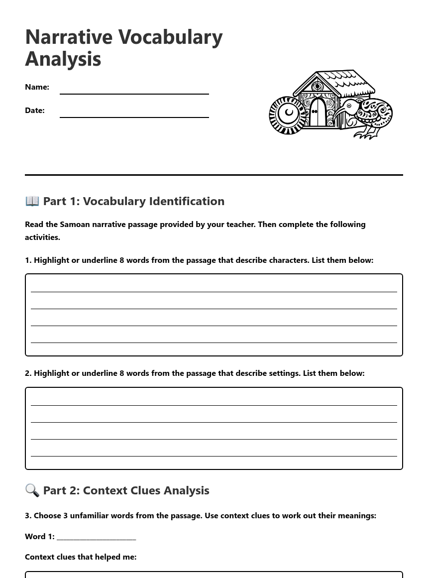 Narrative Vocabulary Analysis — Free Printable Worksheet for Languages ...