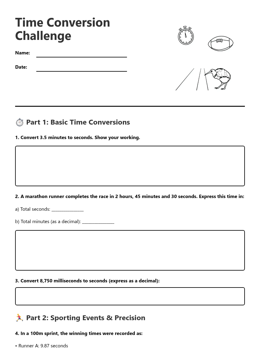 Time Change Math Questions Time Conversion Challenge — Free Printable Worksheet for Maths | Kuraplan